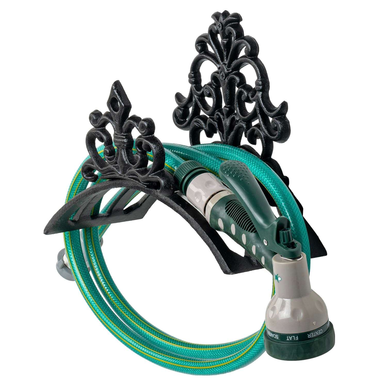 MyGift Wall Mounted Garden Hose Holder, Decorative Vintage French Floral Scrollwork hose Reel Hanger, Black Cast Iron Water Hose Storage Rack - Image 1