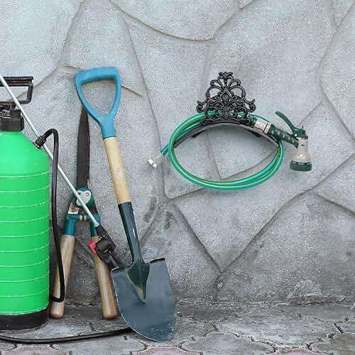 MyGift Wall Mounted Garden Hose Holder, Decorative Vintage French Floral Scrollwork hose Reel Hanger, Black Cast Iron Water Hose Storage Rack - Image 2