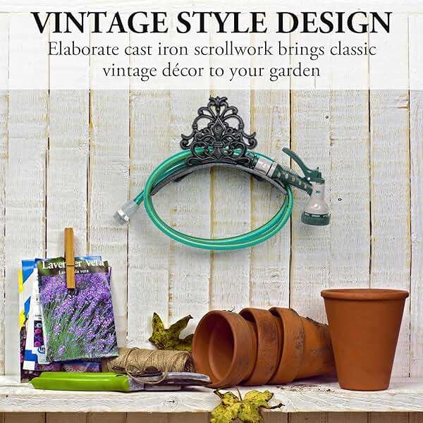MyGift Wall Mounted Garden Hose Holder, Decorative Vintage French Floral Scrollwork hose Reel Hanger, Black Cast Iron Water Hose Storage Rack - Image 4