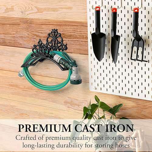 MyGift Wall Mounted Garden Hose Holder, Decorative Vintage French Floral Scrollwork hose Reel Hanger, Black Cast Iron Water Hose Storage Rack - Image 5