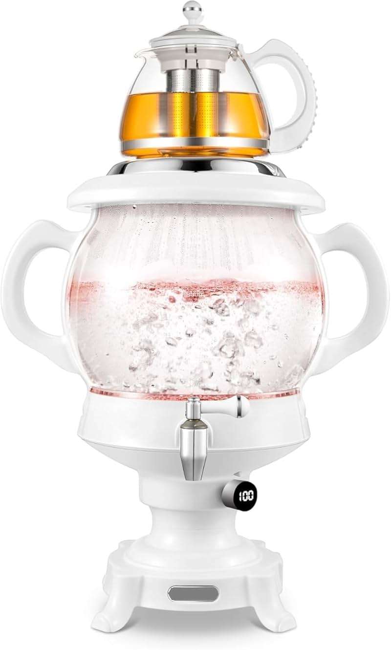Electric Samovar Digital Display Russian Persian Turkish Tea Maker Water Kettle Glass Teapot 5+1=6 Liter 110V 1100w Auto Shut Off, Keep Warm White - Image 2
