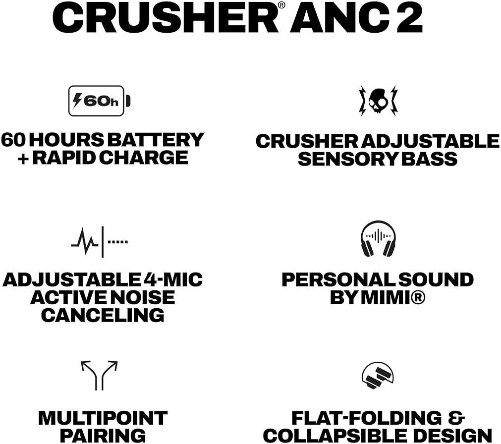 Skullcandy Crusher ANC 2 Wireless Over-Ear Bluetooth Headphones with Multi-Sensory Bass, Active Noise Cancelling, Up to 60 Hours Battery, Microphone for iPhone Android - Black/Asphalt - Image 10