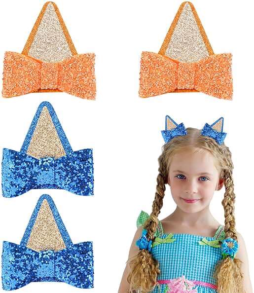 Dog Ears Hair Clips for Girls & Women - 2 Pairs Sequin Bow Hair Clips - Halloween Ears - Blue Birthday Party Decorations - Image 1