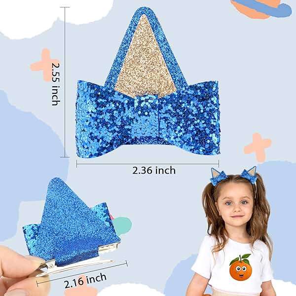 Dog Ears Hair Clips for Girls & Women - 2 Pairs Sequin Bow Hair Clips - Halloween Ears - Blue Birthday Party Decorations - Image 2
