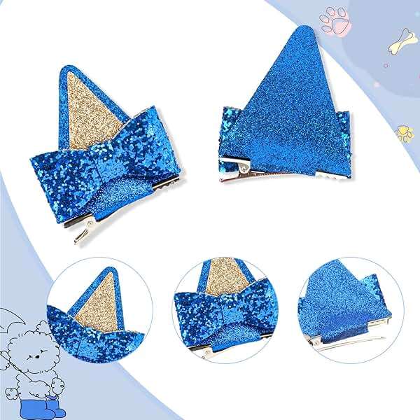 Dog Ears Hair Clips for Girls & Women - 2 Pairs Sequin Bow Hair Clips - Halloween Ears - Blue Birthday Party Decorations - Image 6