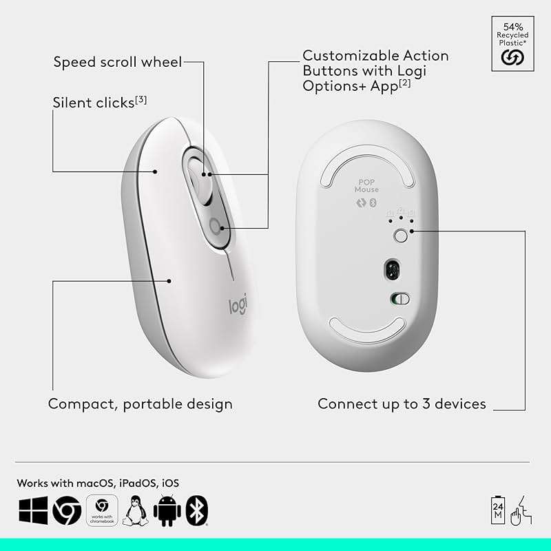Logitech POP Mouse, Compact and Portable Wireless Bluetooth Mouse with Programmable Buttons and Quiet Clicks, Easy-Switch Between up to 3 Devices, Laptop, Tablet, PC - Off-White - Image 6