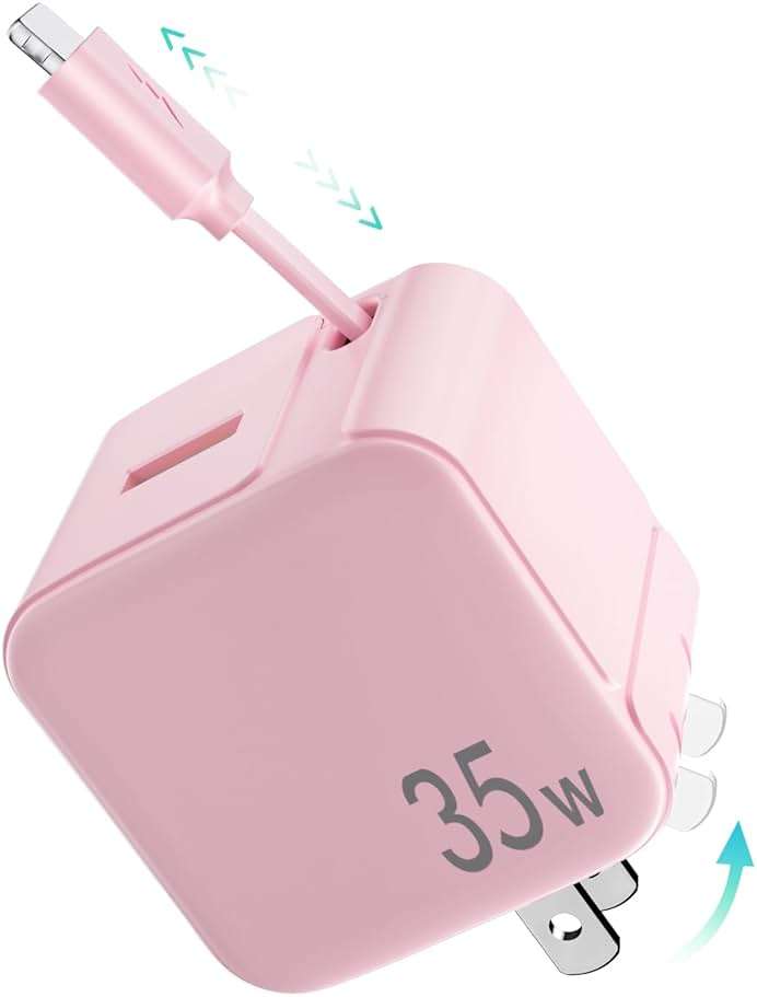 UPONSZ Retractable Wall Charger Block for iPhone, 35W PD Fast Charger with Retractable Lightening Cable and USB Port, Portable Charger Adapter with Foldable Plug for iPhone14/13/12,iPad (Pink) - Image 1