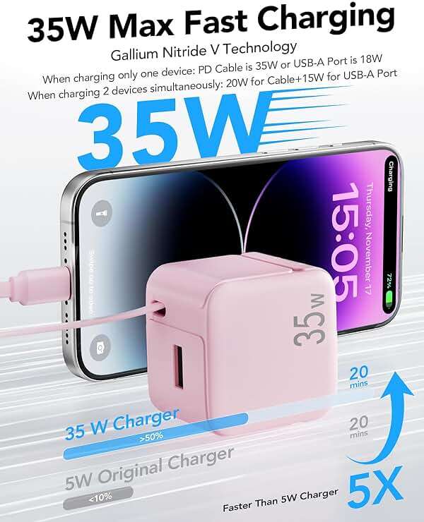 UPONSZ Retractable Wall Charger Block for iPhone, 35W PD Fast Charger with Retractable Lightening Cable and USB Port, Portable Charger Adapter with Foldable Plug for iPhone14/13/12,iPad (Pink) - Image 2
