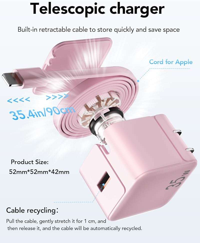 UPONSZ Retractable Wall Charger Block for iPhone, 35W PD Fast Charger with Retractable Lightening Cable and USB Port, Portable Charger Adapter with Foldable Plug for iPhone14/13/12,iPad (Pink) - Image 4