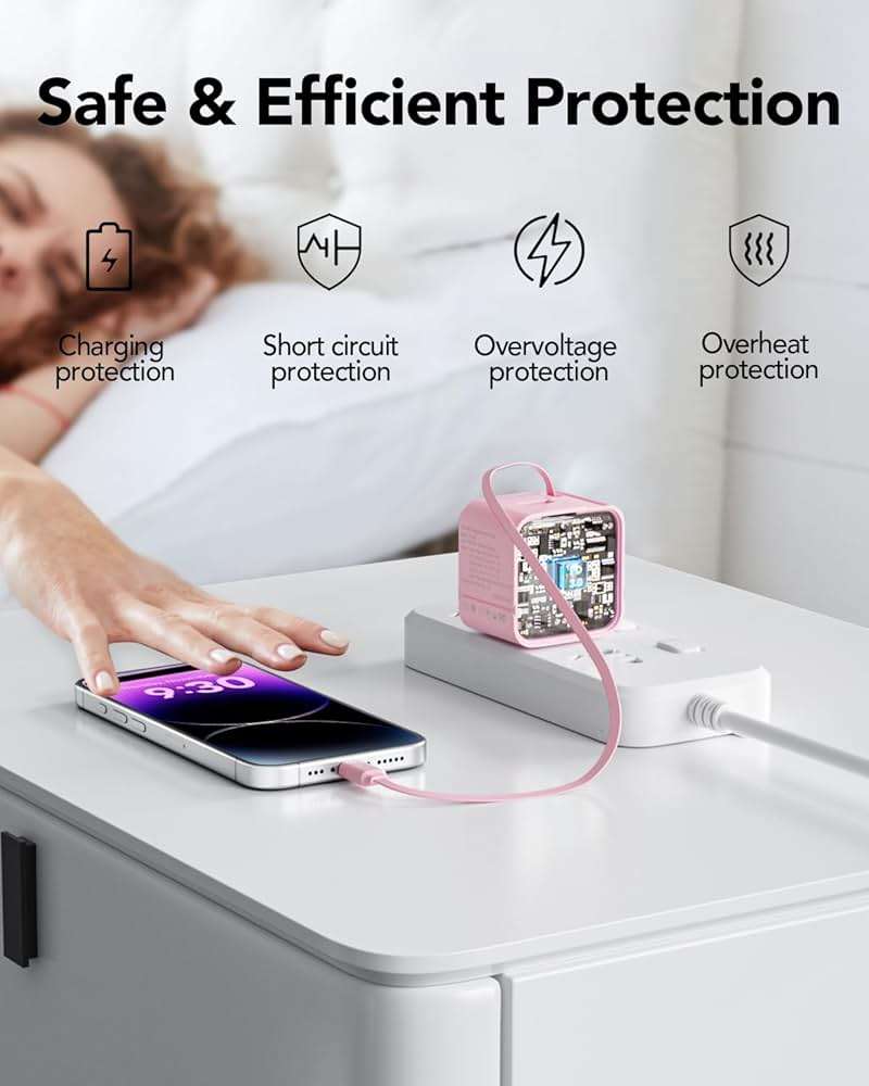 UPONSZ Retractable Wall Charger Block for iPhone, 35W PD Fast Charger with Retractable Lightening Cable and USB Port, Portable Charger Adapter with Foldable Plug for iPhone14/13/12,iPad (Pink) - Image 5