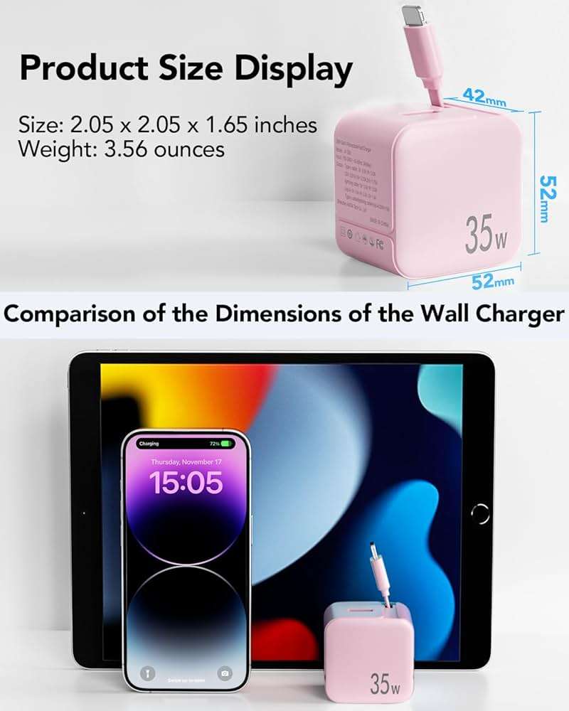 UPONSZ Retractable Wall Charger Block for iPhone, 35W PD Fast Charger with Retractable Lightening Cable and USB Port, Portable Charger Adapter with Foldable Plug for iPhone14/13/12,iPad (Pink) - Image 6