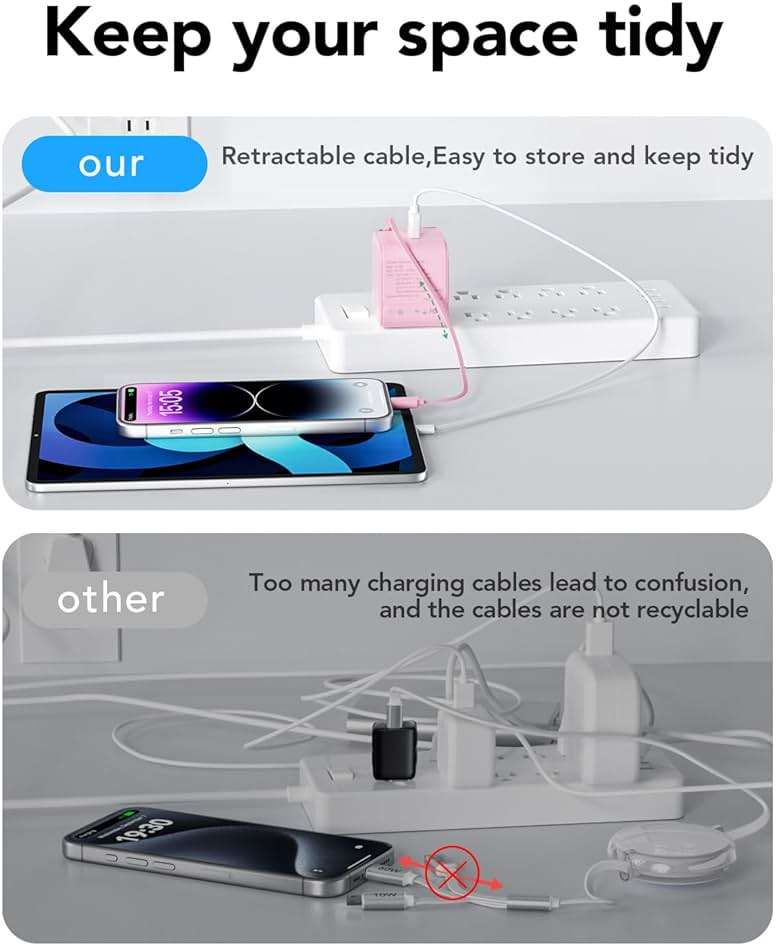 UPONSZ Retractable Wall Charger Block for iPhone, 35W PD Fast Charger with Retractable Lightening Cable and USB Port, Portable Charger Adapter with Foldable Plug for iPhone14/13/12,iPad (Pink) - Image 7