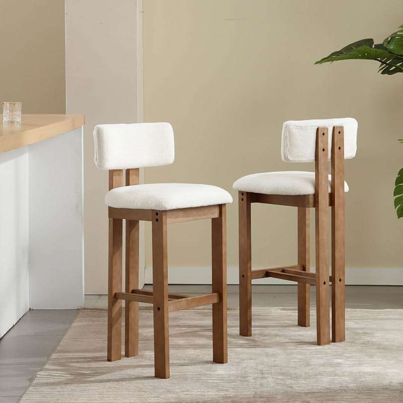 DUOMAY Modern Bar Stools Set of 2, 30'' Counter Height Bar Stools with Back & Solid Wood Legs, Modern Wood Barstools with Sherpa Upholstered Seat for Kitchen Island Homebar, White - Image 1