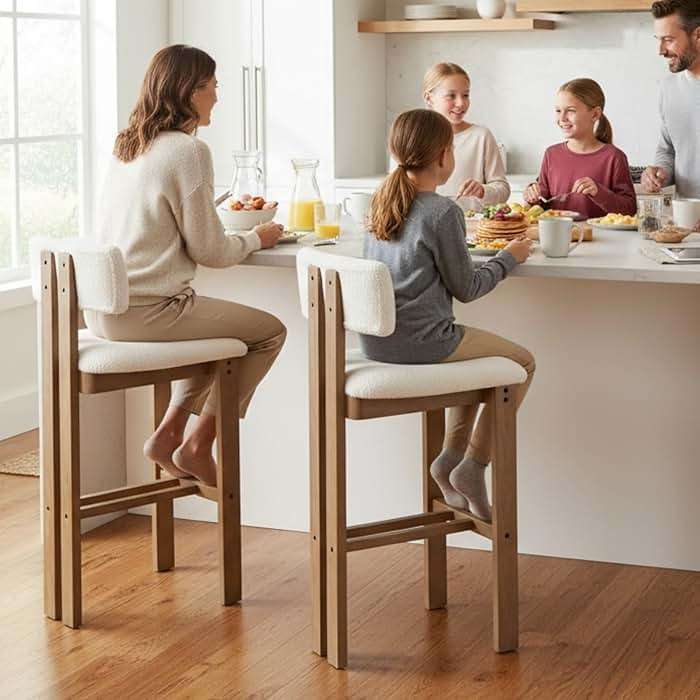 DUOMAY Modern Bar Stools Set of 2, 30'' Counter Height Bar Stools with Back & Solid Wood Legs, Modern Wood Barstools with Sherpa Upholstered Seat for Kitchen Island Homebar, White - Image 3