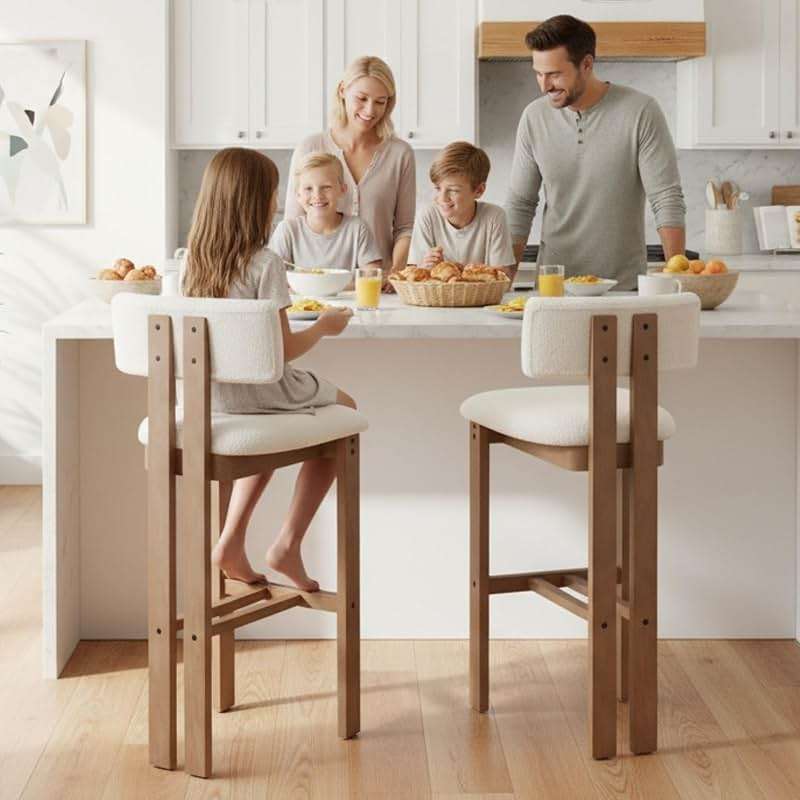 DUOMAY Modern Bar Stools Set of 2, 30'' Counter Height Bar Stools with Back & Solid Wood Legs, Modern Wood Barstools with Sherpa Upholstered Seat for Kitchen Island Homebar, White - Image 4