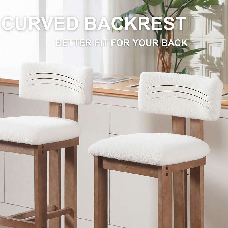 DUOMAY Modern Bar Stools Set of 2, 30'' Counter Height Bar Stools with Back & Solid Wood Legs, Modern Wood Barstools with Sherpa Upholstered Seat for Kitchen Island Homebar, White - Image 7
