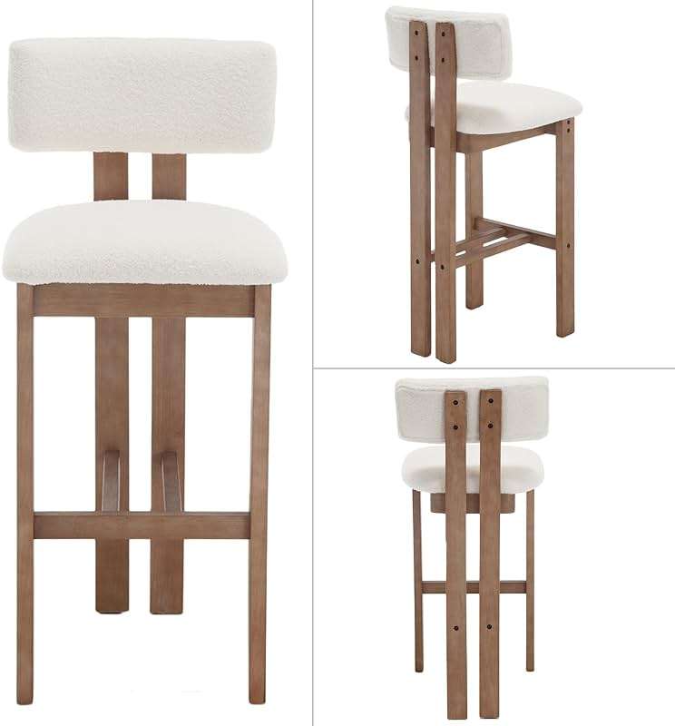 DUOMAY Modern Bar Stools Set of 2, 30'' Counter Height Bar Stools with Back & Solid Wood Legs, Modern Wood Barstools with Sherpa Upholstered Seat for Kitchen Island Homebar, White - Image 9