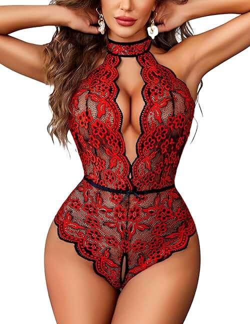 Avidlove Lingerie for Women Halter Lace Bodysuit V Neck Teddy One Piece Babydoll Nightgown - Image 1