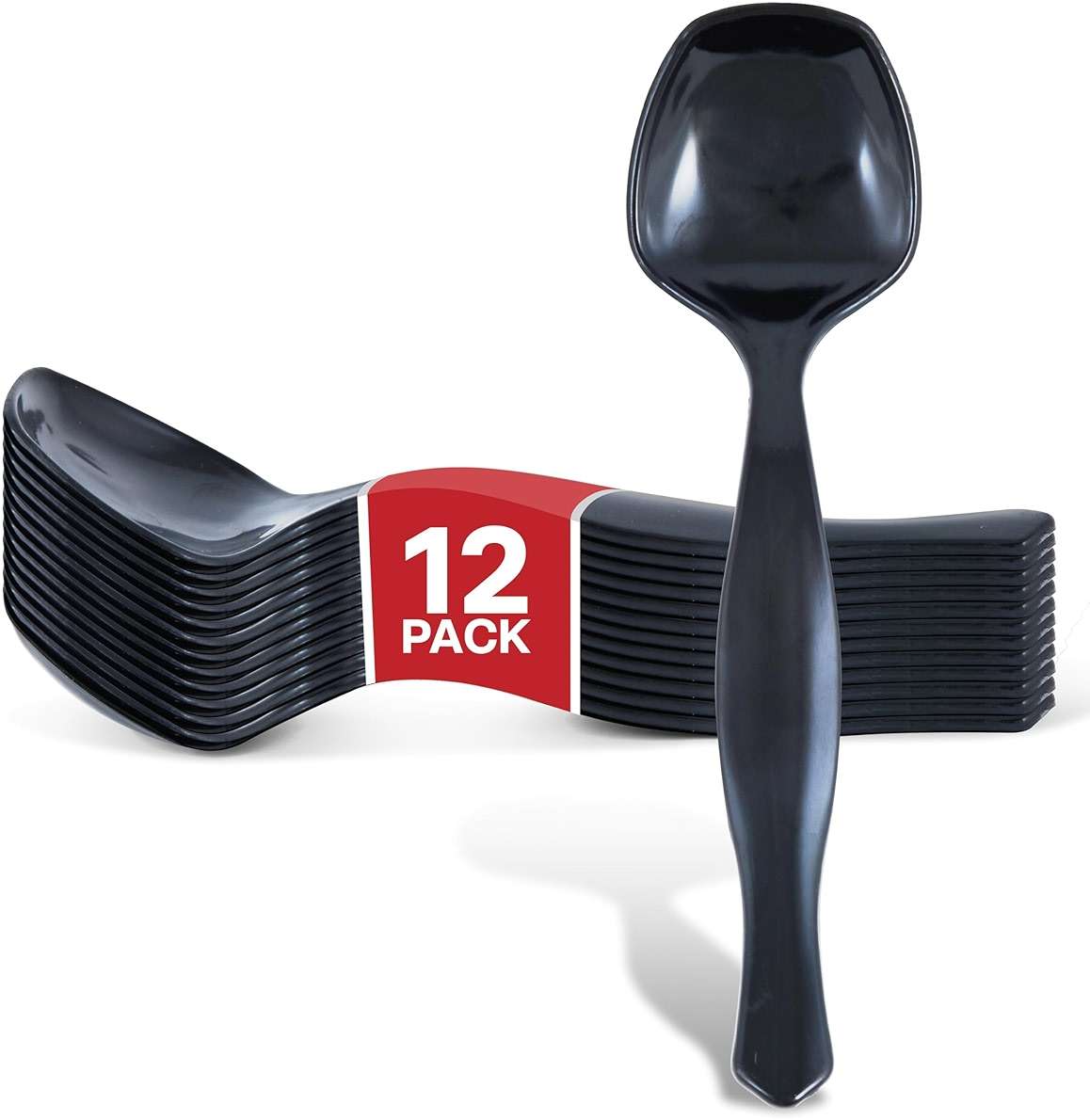 12 Count Disposable Black Plastic Serving Utensils for Catering, Weddings, Holiday Parties and More, Large Plastic Spoons for Buffet, Stock Your Home - Image 1