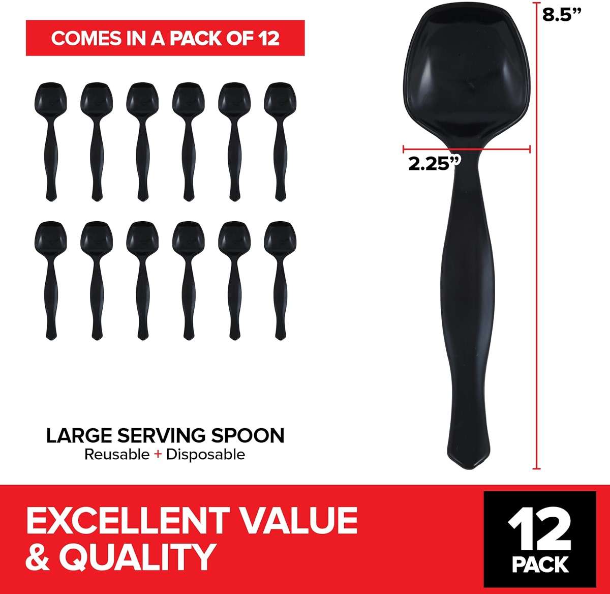 12 Count Disposable Black Plastic Serving Utensils for Catering, Weddings, Holiday Parties and More, Large Plastic Spoons for Buffet, Stock Your Home - Image 3