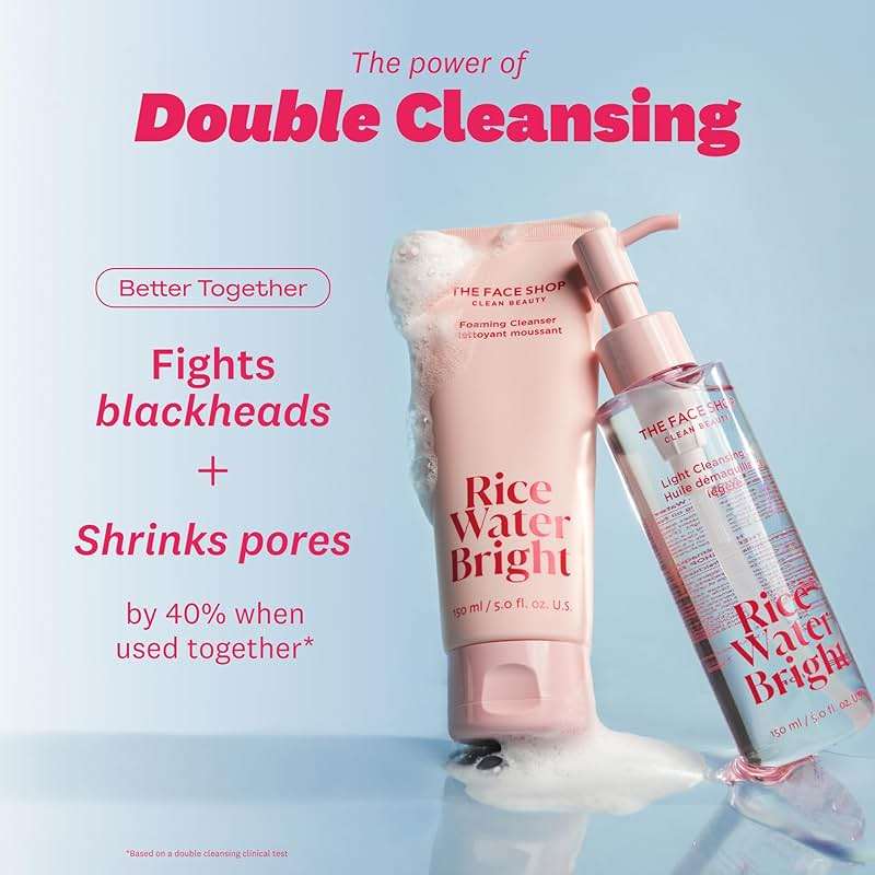 The Face Shop Rice Water Bright Double Cleansing Duo Set with Ceramide, Korean Skin Care, Gentle Face Wash & Pore Control Cleansing Oil, Hydrating, Moisturizing, Vegan Facial Cleanser, Makeup Remover - Image 4