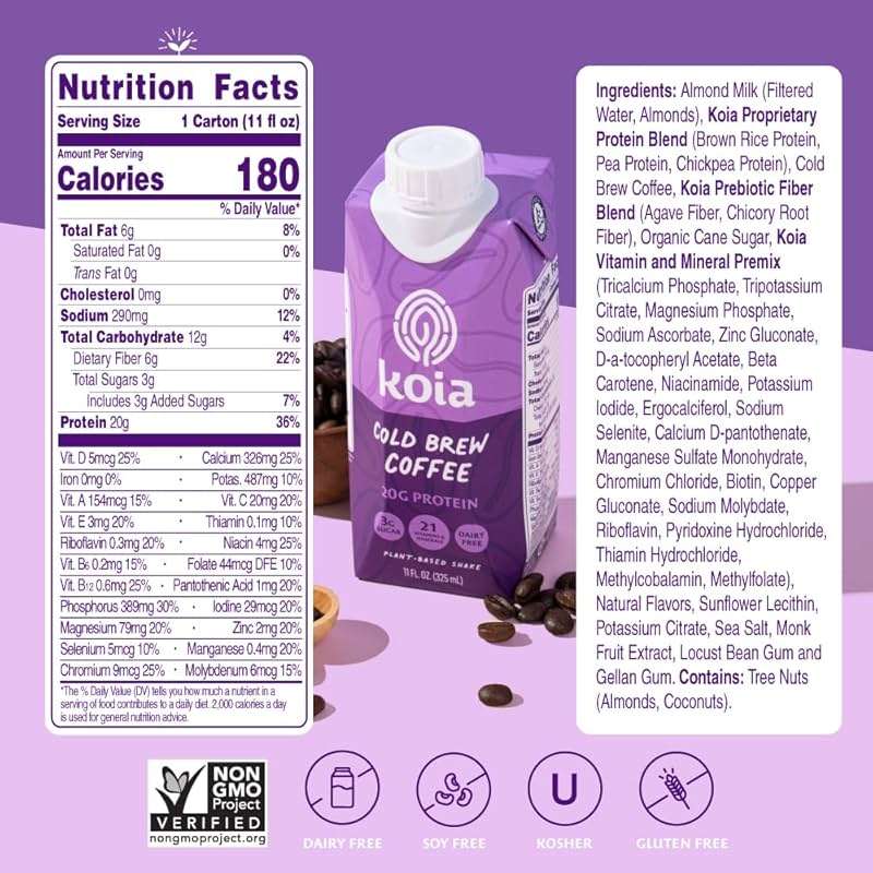 Koia Plant Based Protein Shake, Cold Brew Coffee, 20g Protein, 3g Sugar, 6g Prebiotic Fiber, 21 Vitamins & Minerals, Meal Replacement Drinks, Dairy-Free, Gluten-Free, Non-GMO, 11 Fl Oz (Pack of 12) - Image 2