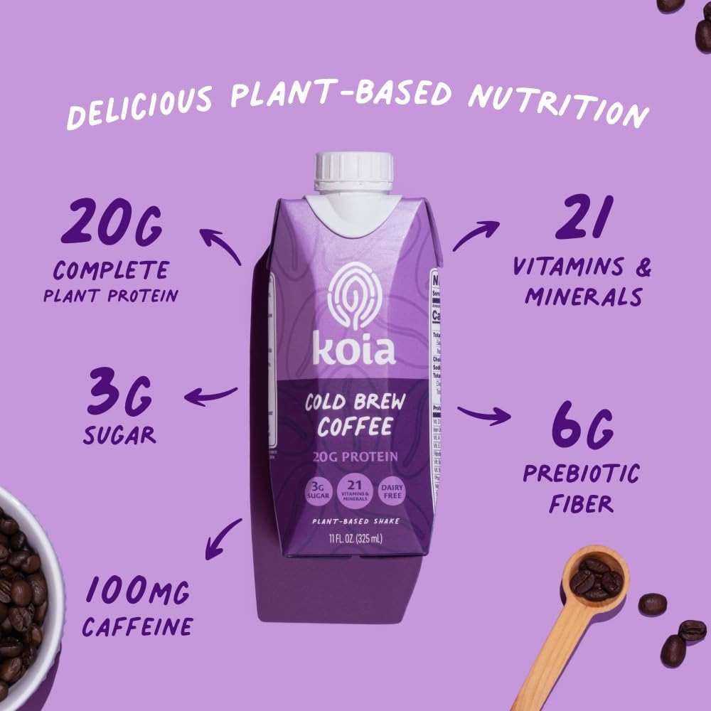 Koia Plant Based Protein Shake, Cold Brew Coffee, 20g Protein, 3g Sugar, 6g Prebiotic Fiber, 21 Vitamins & Minerals, Meal Replacement Drinks, Dairy-Free, Gluten-Free, Non-GMO, 11 Fl Oz (Pack of 12) - Image 3