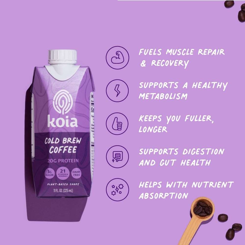 Koia Plant Based Protein Shake, Cold Brew Coffee, 20g Protein, 3g Sugar, 6g Prebiotic Fiber, 21 Vitamins & Minerals, Meal Replacement Drinks, Dairy-Free, Gluten-Free, Non-GMO, 11 Fl Oz (Pack of 12) - Image 4