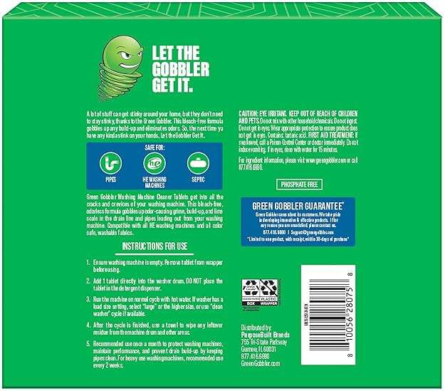 Green Gobbler Premium Washing Machine Cleaner & Deodorizer Tablets with Pipe, Drain & Hose Clean Technology | Front & Top Load Washers | 28 Count - Image 9