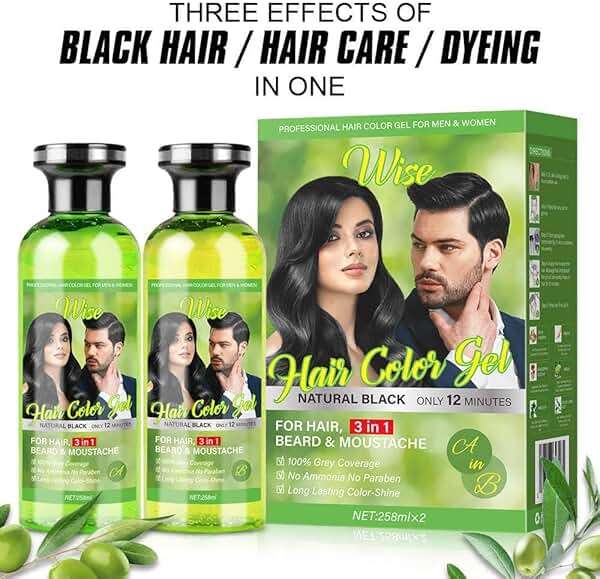 3 in 1 Natural Hair Color Gel – A&B Formula, Semi-Permanent Black Hair Dye for Gray Coverage, Beard & Moustache, Plant-Based with Olive Extract, Long-Lasting Shine, 500ml x 2 (Natural Black) - Image 4