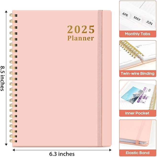 2025 Planner - Weekly and Monthly Planner Spiral Bound, January 2025 - December 2025, Hardcover 2025 Calendar Planner Book with Tabs, Inner Pocket, Perfect for Office Home School Supplies - A5 (6.3" x 8.5"), Pink - Image 3
