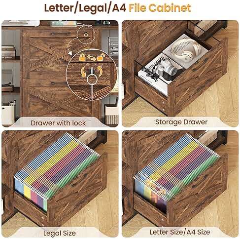 SEDETA File Cabinet, Filing Cabinet fits Legal/Letter/A4 Size, 2 Drawer Filing Cabinets for Home Office with Lock, Power Strip and Open Storage Shelves, Rustic Brown - Image 4