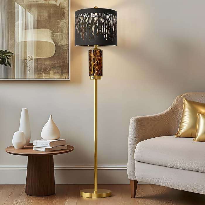 Oneach 63.75" Floor Lamp for Living Room, Modern Gold Lamp with LED Leopard Glass Night Light, Vintage Standing Lamp, Black Lampshade, Unique Luxury Tall Lamp for Bedroom Home Office(Bulb Included) - Image 1