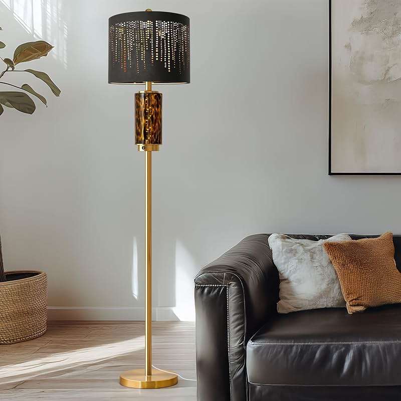Oneach 63.75" Floor Lamp for Living Room, Modern Gold Lamp with LED Leopard Glass Night Light, Vintage Standing Lamp, Black Lampshade, Unique Luxury Tall Lamp for Bedroom Home Office(Bulb Included) - Image 2