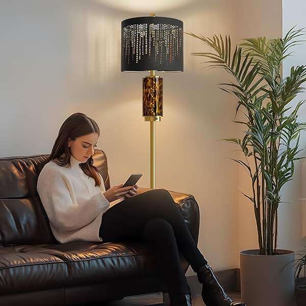 Oneach 63.75" Floor Lamp for Living Room, Modern Gold Lamp with LED Leopard Glass Night Light, Vintage Standing Lamp, Black Lampshade, Unique Luxury Tall Lamp for Bedroom Home Office(Bulb Included) - Image 5