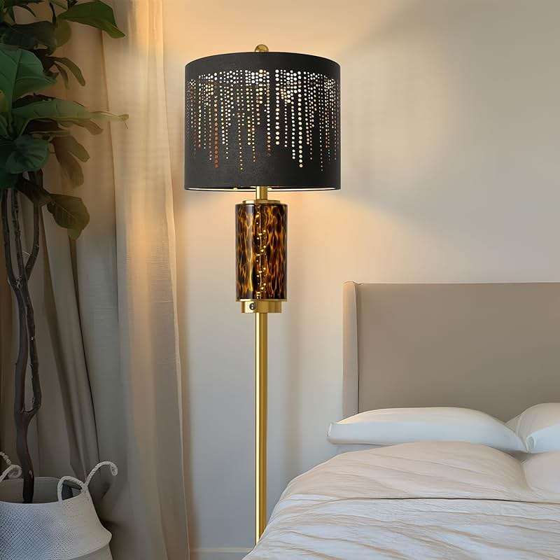 Oneach 63.75" Floor Lamp for Living Room, Modern Gold Lamp with LED Leopard Glass Night Light, Vintage Standing Lamp, Black Lampshade, Unique Luxury Tall Lamp for Bedroom Home Office(Bulb Included) - Image 7