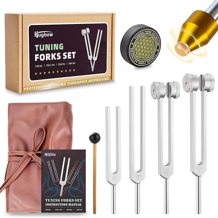 Hugbow Tuning Forks for Healing, Aluminum Alloy Tuning Fork 128Hz, 136.1Hz, 256Hz, 384Hz, Hockey Puck Activator & feet, Weighted & Unweighted Tuning Fork Set with Vegan Leather Pouch - Image 1