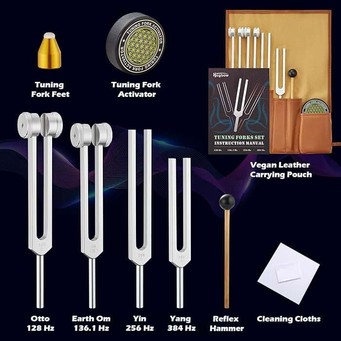 Hugbow Tuning Forks for Healing, Aluminum Alloy Tuning Fork 128Hz, 136.1Hz, 256Hz, 384Hz, Hockey Puck Activator & feet, Weighted & Unweighted Tuning Fork Set with Vegan Leather Pouch - Image 2