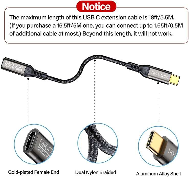 HOTUTUKI USB c Extension Cable 3.3ft, USB C 3.2 Extender Cord,USB c Male to to USB c Female Support PD 240W/5A Fast Charging, 20Gbps Sync Transfer, high Speed USB c Extension Cable - Image 2