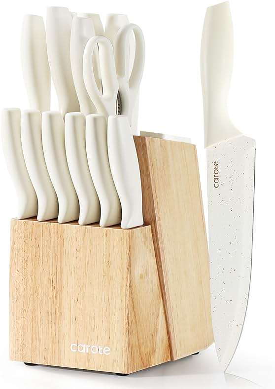 CAROTE 15Piece Knife Set, Kitchen Knife Block Set, Elegant White Ceramic-Coated Blades with Stylish Wooden Block for Modern Culinary Excellence - Image 1