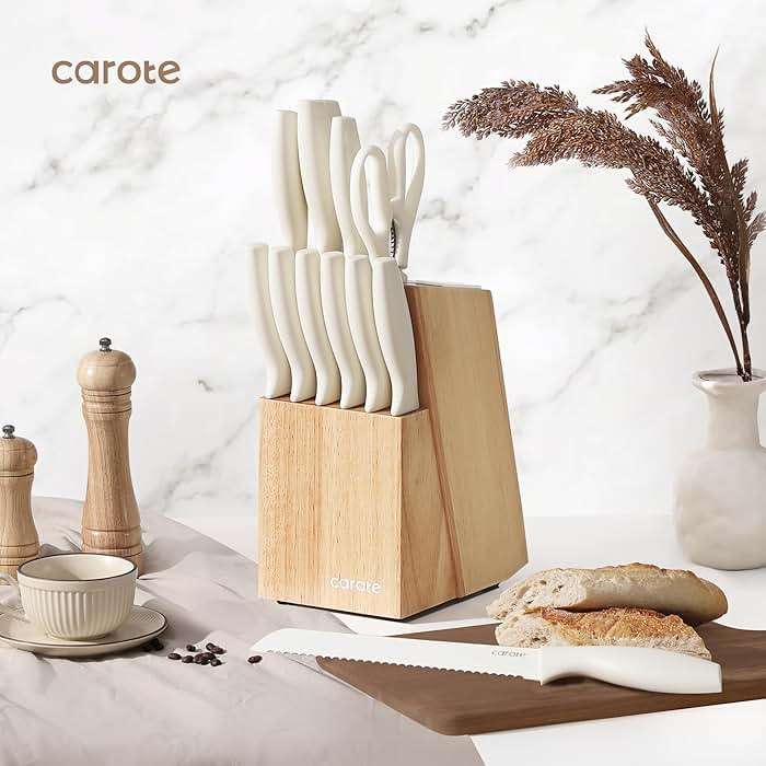 CAROTE 15Piece Knife Set, Kitchen Knife Block Set, Elegant White Ceramic-Coated Blades with Stylish Wooden Block for Modern Culinary Excellence - Image 2