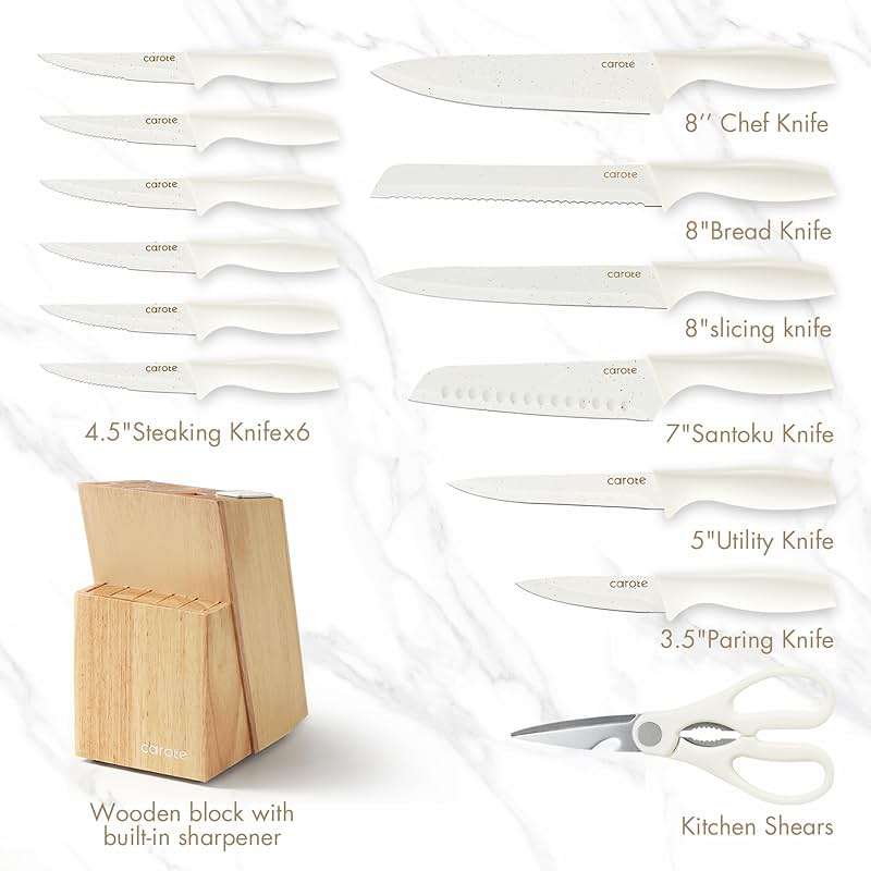CAROTE 15Piece Knife Set, Kitchen Knife Block Set, Elegant White Ceramic-Coated Blades with Stylish Wooden Block for Modern Culinary Excellence - Image 3
