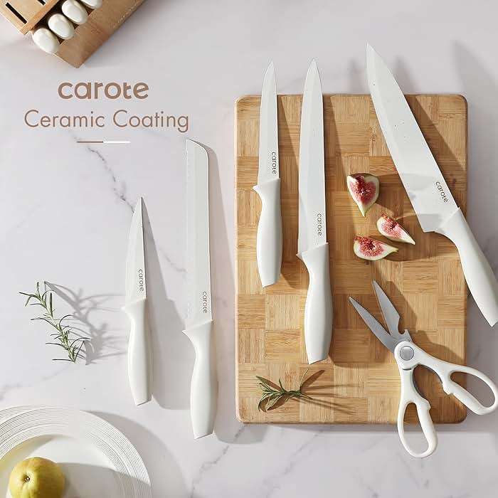CAROTE 15Piece Knife Set, Kitchen Knife Block Set, Elegant White Ceramic-Coated Blades with Stylish Wooden Block for Modern Culinary Excellence - Image 6