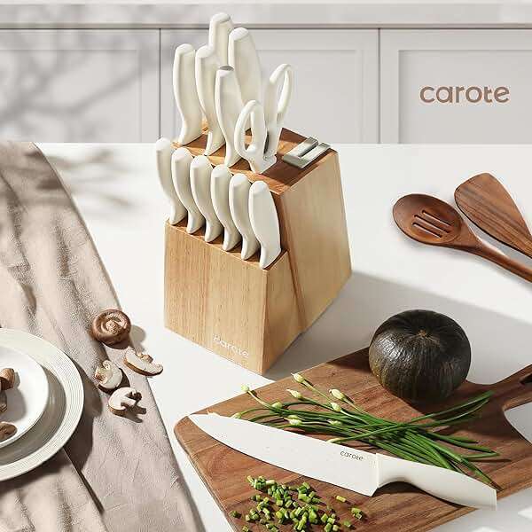 CAROTE 15Piece Knife Set, Kitchen Knife Block Set, Elegant White Ceramic-Coated Blades with Stylish Wooden Block for Modern Culinary Excellence - Image 8
