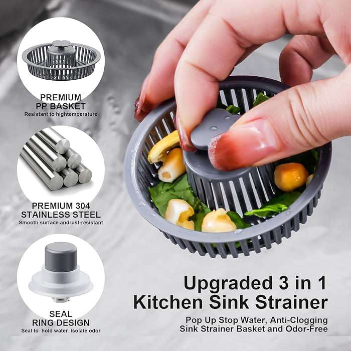 XLMSPORTS 3 in 1 Kitchen Sink Drain Strainer and Stopper, 304 Stainless Steel Pop-up Anti-Clogging Basket Strainer, Fast Drainage Kitchen Sink Plug for Standard 3-1/2" Drain Hole - Image 3