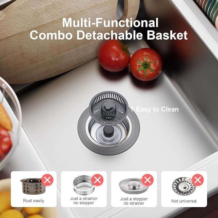 XLMSPORTS 3 in 1 Kitchen Sink Drain Strainer and Stopper, 304 Stainless Steel Pop-up Anti-Clogging Basket Strainer, Fast Drainage Kitchen Sink Plug for Standard 3-1/2" Drain Hole - Image 6