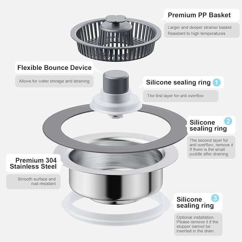 XLMSPORTS 3 in 1 Kitchen Sink Drain Strainer and Stopper, 304 Stainless Steel Pop-up Anti-Clogging Basket Strainer, Fast Drainage Kitchen Sink Plug for Standard 3-1/2" Drain Hole - Image 7