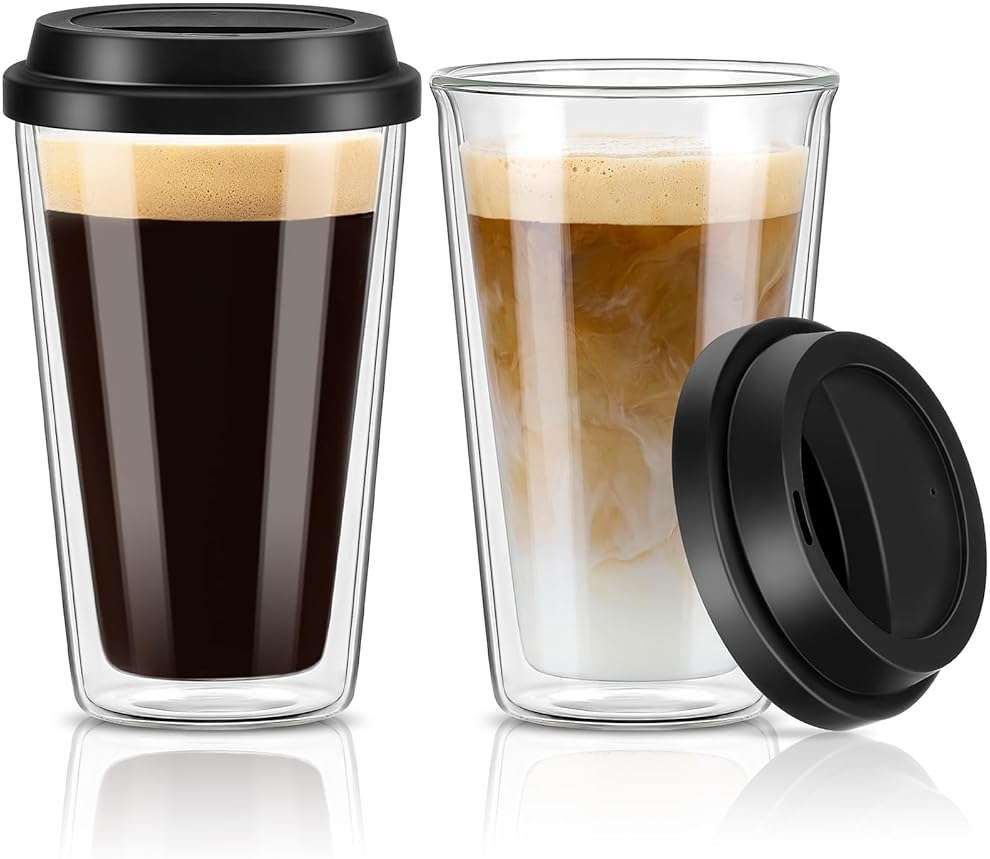 Qipecedm 2 Pack Double Walled Insulated Coffee Mugs with Silicone Lids, 12 OZ Reusable Coffee Cups, Cappuccino, Tea, Latte, Iced Coffee Cups, Travel Mugs, Heat Resistant - Image 1