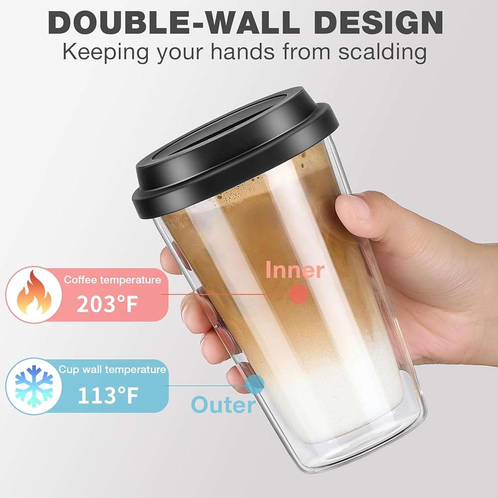 Qipecedm 2 Pack Double Walled Insulated Coffee Mugs with Silicone Lids, 12 OZ Reusable Coffee Cups, Cappuccino, Tea, Latte, Iced Coffee Cups, Travel Mugs, Heat Resistant - Image 3