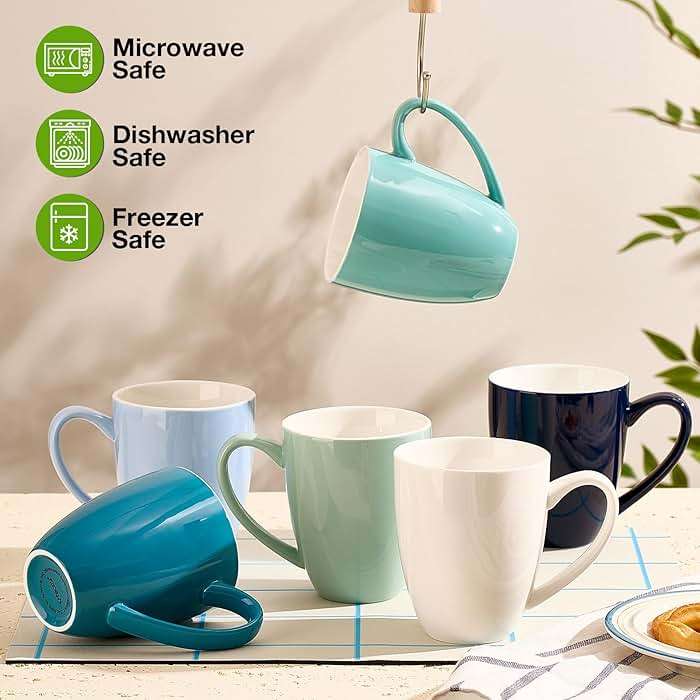 Porcelain Coffee Mugs Set of 6, 13 Ounce Coffee Cups with Handle, Ceramic Tea Mugs for Latte, Hot Tea, Cappuccino, Mocha, Cocoa, Blue Assorted Colors Mug Gift Set, Dishwasher and Microwave Safe - Image 4